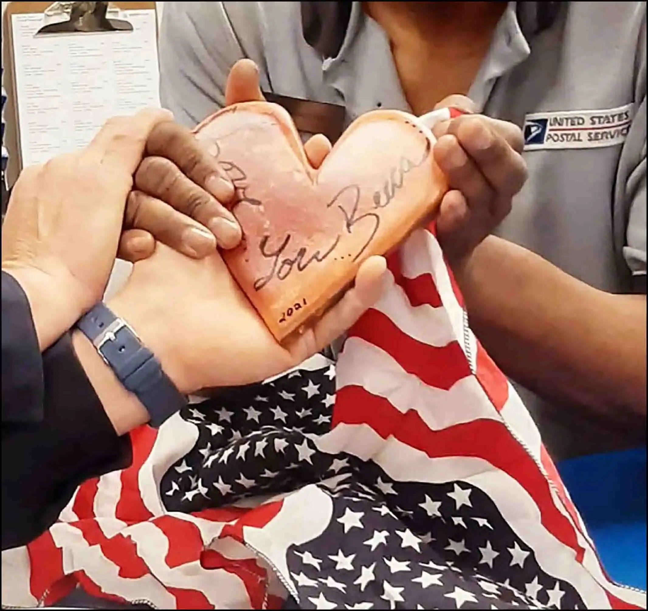 Book Author & Veteran David Haave sending his adopted sissy Rebecca a handmade heart for her service helping the community; 2020 USA -- David Haave